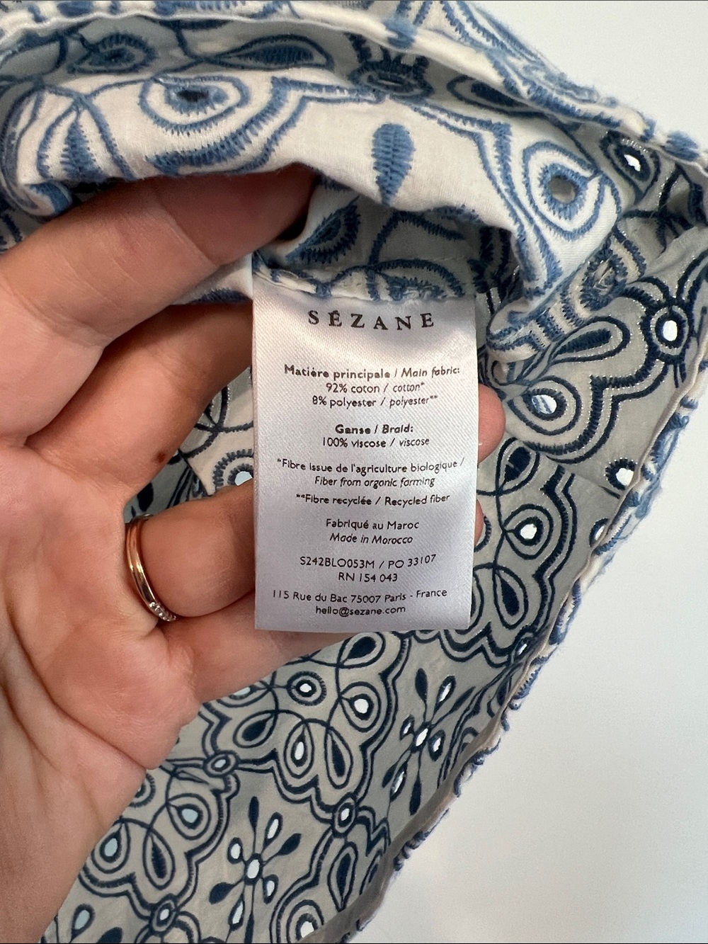 Sezane Annabelle Blouse Contrasted Embroidery Ecru Vintage Blue Size 34 / US 2 - Picture 7 of 13